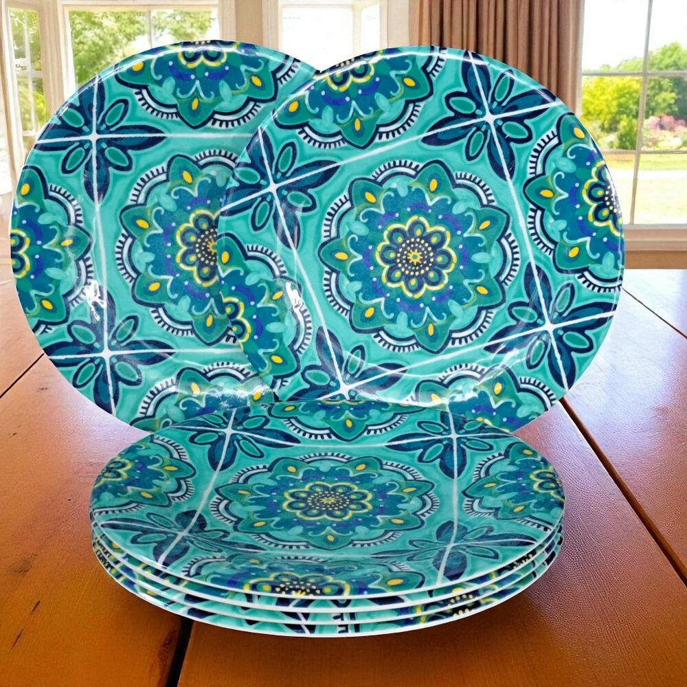 Gorgeous Set Of 6 Teal Blue Floral Tile Melamine Dinner Plates Large 11" Spring
